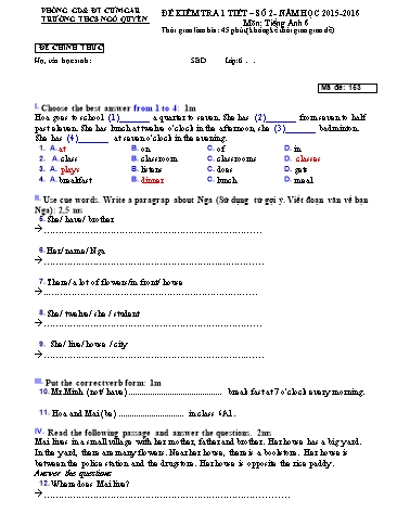 Đề kiểm tra 1 tiết môn Tiếng Anh Lớp 6 - Trường THCS Ngô Quyền - Năm học 2015-2016 - Đề 2