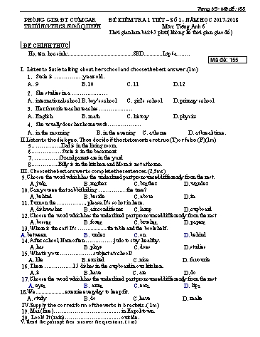 Đề kiểm tra 1 tiết môn Tiếng Anh Lớp 6 - Trường THCS Ngô Quyền - Năm học 2017-2018 (Có đáp án)