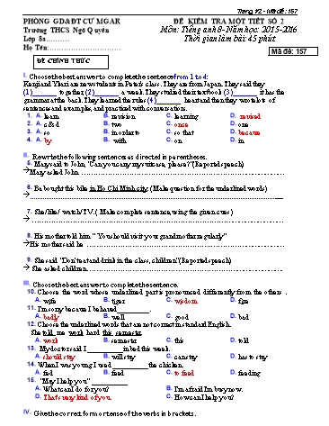 Đề kiểm tra 1 tiết môn Tiếng Anh Lớp 8 - Trường THCS Ngô Quyền - Năm học 2015-2016 - Đề 2