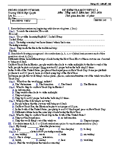 Đề kiểm tra 1 tiết môn Tiếng Anh Lớp 8 - Trường THCS Ngô Quyền - Năm học 2015-2016 - Đề số 4 (Có đáp án)