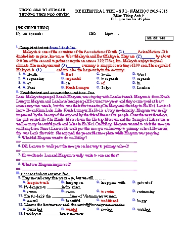 Đề kiểm tra 1 tiết môn Tiếng Anh Lớp 9 - Trường THCS Ngô Quyền - Năm học 2015-2016 - Đề 1