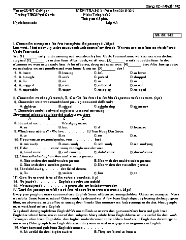 Đề kiểm tra 1 tiết môn Tiếng Anh Lớp 9 - Trường THCS Ngô Quyền - Năm học 2015-2016 - Đề 2