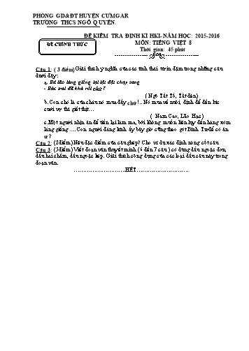 Đề kiểm tra định kì học kì I môn Ngữ văn Lớp 8 - Trường THCS Ngô Quyền - Năm học 2015-2016 (Có đáp án)