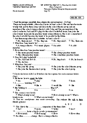 Đề kiểm tra học kì I môn Tiếng Anh Lớp 7 - Trường THCS Ngô Quyền - Năm học 2014-2015