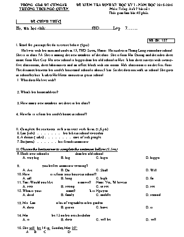 Đề kiểm tra học kì I môn Tiếng Anh Lớp 7 - Trường THCS Ngô Quyền - Năm học 2015-2016
