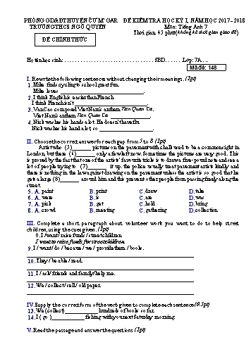 Đề kiểm tra học kì I môn Tiếng Anh Lớp 7 - Trường THCS Ngô Quyền - Năm học 2017-2018 (Có đáp án)