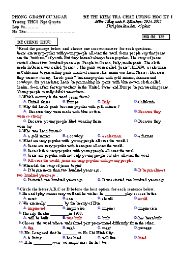 Đề kiểm tra học kì I môn Tiếng Anh Lớp 9 - Trường THCS Ngô Quyền - Năm học 2014-2015