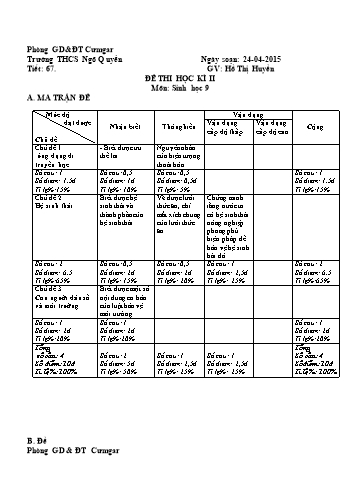 Đề kiểm tra học kì II môn Sinh học Lớp 9 - Trường THCS Ngô Quyền - Năm học 2014-2015 (Có đáp án)