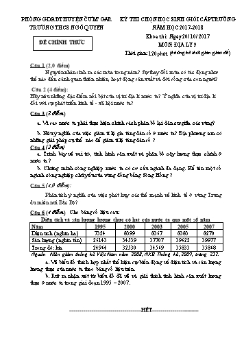 Đề thi học sinh giỏi cấp trường môn Địa lí Lớp 9 - Trường THCS Ngô Quyền - Năm học 2017-2018 (Có đáp án)