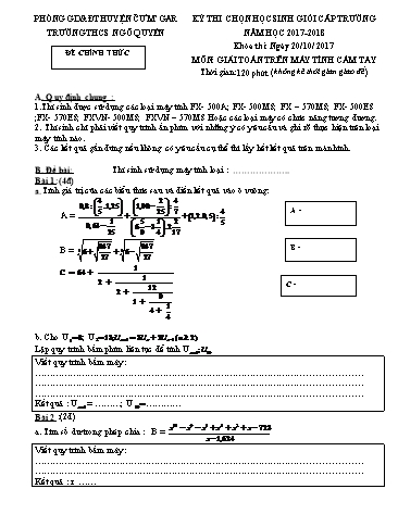 Đề thi học sinh giỏi cấp trường môn Giái toán trên MTCT - Trường THCS Ngô Quyền - Năm học 2017-2018 (Có đáp án)