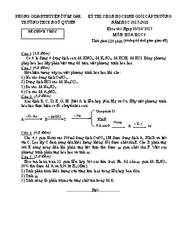 Đề thi học sinh giỏi cấp trường môn Hóa học Lớp 9 - Trường THCS Ngô Quyền - Năm học 2017-2018 (Có đáp án)