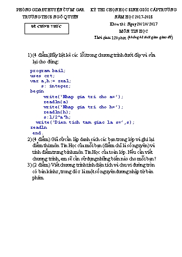 Đề thi học sinh giỏi cấp trường môn Tin học Lớp 9 - Trường THCS Ngô Quyền - Năm học 2017-2018 (Có đáp án)