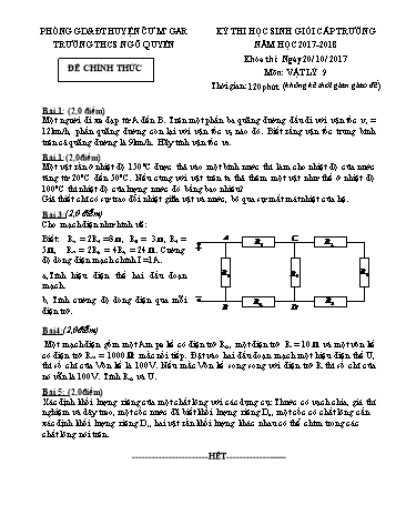 Đề thi học sinh giỏi cấp trường môn Vật lí Lớp 9 - Trường THCS Ngô Quyền - Năm học 2017-2018 (Có đáp án)