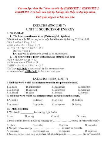 Bài ôn tập môn Tiếng Anh Lớp 7 - Exercise 1+2+3 Bài ôn tập môn Tiếng Anh Lớp 7 - Exercise 1+2+3