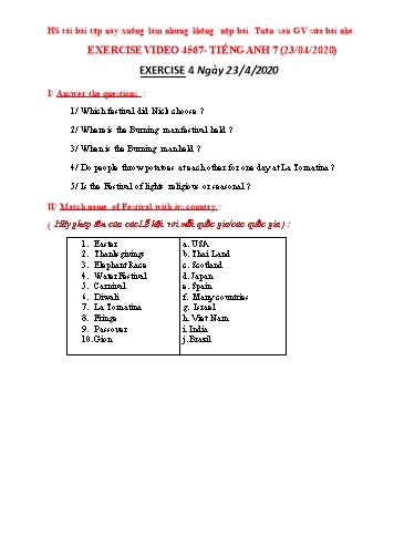 Bài ôn tập môn Tiếng Anh Lớp 7 - Exercise 4 đến 7 Bài ôn tập môn Tiếng Anh Lớp 7 - Exercise 4 đến 7