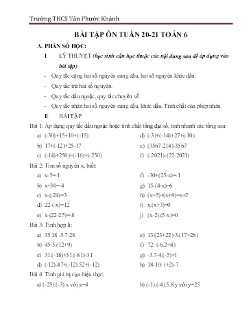 Bài ôn tập môn Toán Lớp 6 - Tuần 20+21 - Trường THCS Tân Phước Khánh Bài ôn tập môn Toán Lớp 6 - Tuần 20+21 - Trường THCS Tân Phước Khánh