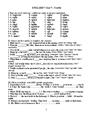 Bài tập môn Tiếng Anh Lớp 7 - Unit 7: Traffic (Có đáp án)
