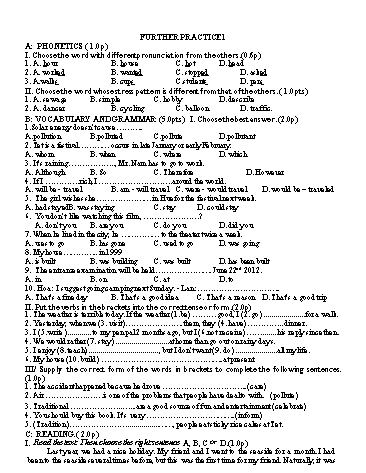 Bài tập ôn tập Tiếng Anh Lớp 9 - Further Practice 1