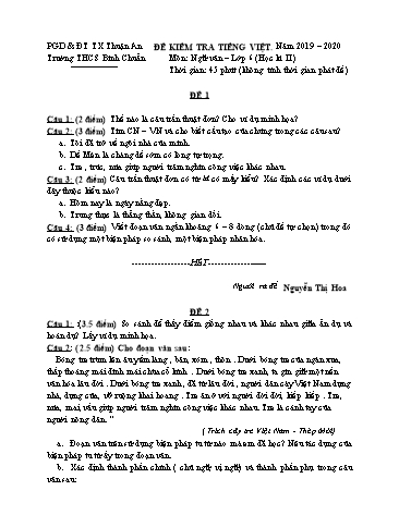 Bộ đề kiểm tra 45 phút học kì II môn Ngữ văn Lớp 6 - Trường THCS Bình Chuẩn - Năm học 2019-2020 (Có đáp án)