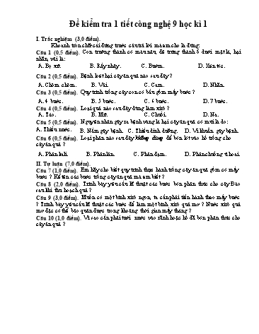 Đề kiểm tra 1 tiết học kì I môn Công nghệ Lớp 9 (Có đáp án)