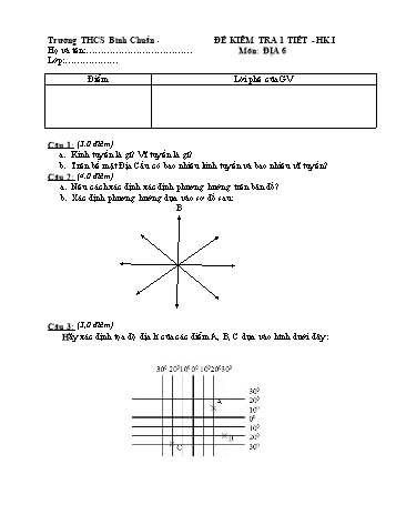 Đề kiểm tra 1 tiết học kì I môn Địa lí Lớp 6 - Trường THCS Bình Chuẩn - Đề 2 (Có đáp án)