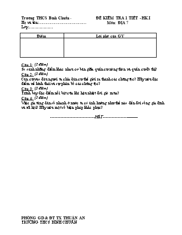 Đề kiểm tra 1 tiết học kì I môn Địa lí Lớp 7 - Trường THCS Bình Chuẩn - Đề 1 (Có đáp án)