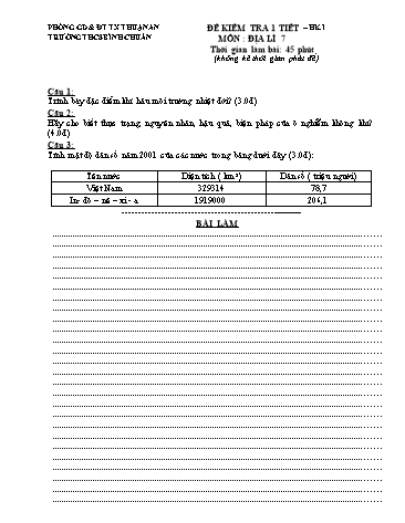 Đề kiểm tra 1 tiết học kì I môn Địa lí Lớp 7 - Trường THCS Bình Chuẩn - Đề 2 (Có đáp án)