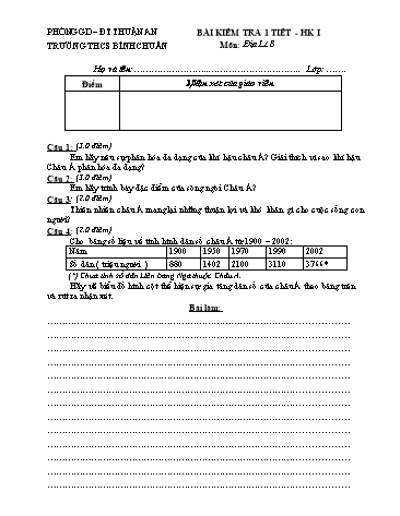 Đề kiểm tra 1 tiết học kì I môn Địa lí Lớp 8 - Trường THCS Bình Chuẩn - Đề 1 (Có đáp án)