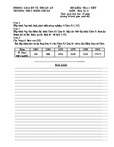 Đề kiểm tra 1 tiết học kì I môn Địa lí Lớp 8 - Trường THCS Bình Chuẩn - Đề 2 (Có đáp án)