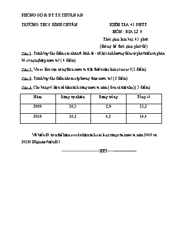Đề kiểm tra 1 tiết học kì I môn Địa lí Lớp 9 - Trường THCS Bình Chuẩn - Đề 2 (Có đáp án)