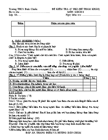 Đề kiểm tra 1 tiết học kì I môn GDCD Lớp 8 - Trường THCS Bình Chuẩn - Đề 2 (Có đáp án)