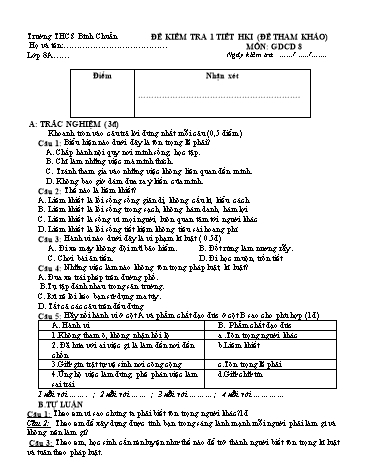 Đề kiểm tra 1 tiết học kì I môn GDCD Lớp 8 - Trường THCS Bình Chuẩn (Có đáp án)