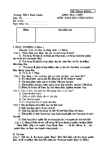 Đề kiểm tra 1 tiết học kì I môn GDCD Lớp 8 - Trường THCS Bình Chuẩn - Đề 3 (Có đáp án)