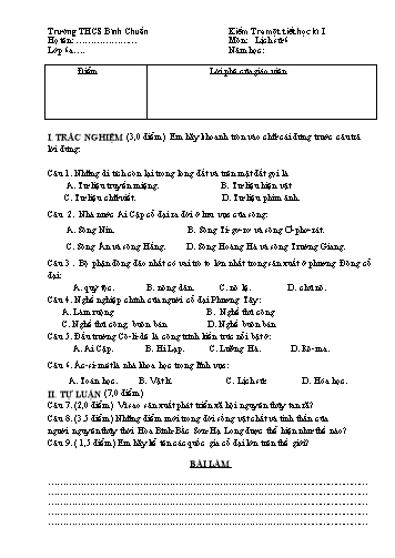 Đề kiểm tra 1 tiết học kì I môn Lịch sử Lớp 6 - Trường THCS Bình Chuẩn (Có đáp án)