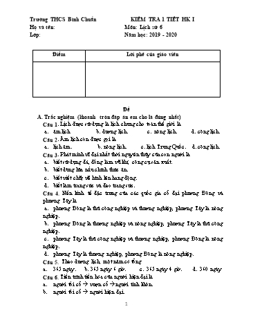 Đề kiểm tra 1 tiết học kì I môn Lịch sử Lớp 6 - Trường THCS Bình Chuẩn - Năm học 2019-2020 (Có đáp án)