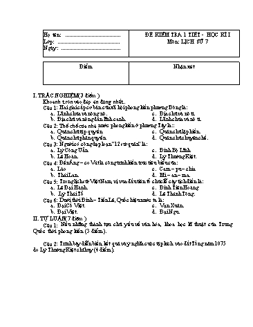 Đề kiểm tra 1 tiết học kì I môn Lịch sử Lớp 7 (Có đáp án)