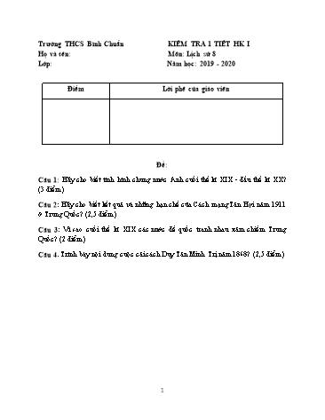 Đề kiểm tra 1 tiết học kì I môn Lịch sử Lớp 8 - Trường THCS Bình Chuẩn - Năm học 2019-2020 (Có đáp án)
