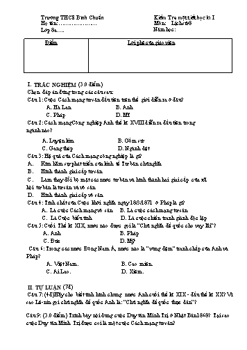 Đề kiểm tra 1 tiết học kì I môn Lịch sử Lớp 8 - Trường THCS Bình Chuẩn (Có đáp án)