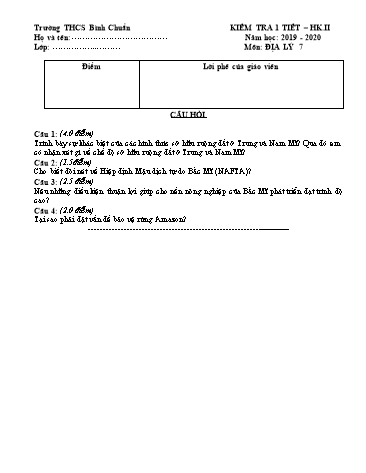 Đề kiểm tra 1 tiết học kì II môn Địa lí Lớp 7 - Trường THCS Bình Chuẩn - Năm học 2019-2020 - Đề 2 (Có đáp án)