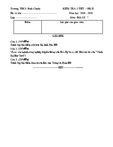 Đề kiểm tra 1 tiết học kì II môn Địa lí Lớp 7 - Trường THCS Bình Chuẩn - Năm học 2019-2020 - Đề 1 (Có đáp án)