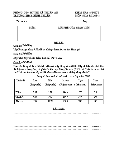 Đề kiểm tra 1 tiết học kì II môn Địa lí Lớp 8 - Trường THCS Bình Chuẩn - Năm học 2019-2020 - Đề 1 (Có đáp án)