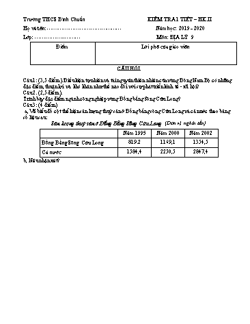 Đề kiểm tra 1 tiết học kì II môn Địa lí Lớp 9 - Trường THCS Bình Chuẩn - Năm học 2019-2020 - Đề 1 (Có đáp án)