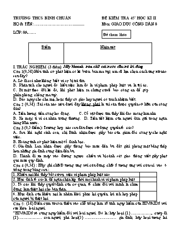 Đề kiểm tra 1 tiết học kì II môn GDCD Lớp 8 - Trường THCS Bình Chuẩn (Có đáp án)