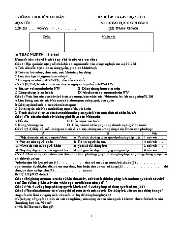 Đề kiểm tra 1 tiết học kì II môn GDCD Lớp 8 - Trường THCS Bình Chuẩn - Đề 2 (Có đáp án)