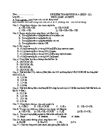 Đề kiểm tra 1 tiết học kì II môn Hóa học Lớp 9 - Trường THCS Bình Chuẩn - Đề 2