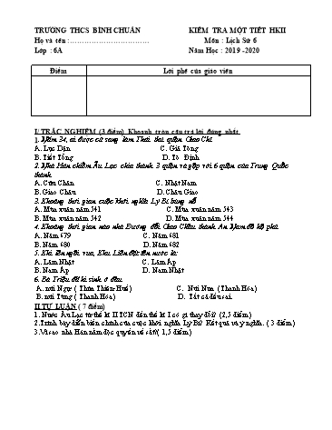 Đề kiểm tra 1 tiết học kì II môn Lịch sử Lớp 6 - Trường THCS Bình Chuẩn - Năm học 2019-2020 (Có đáp án)
