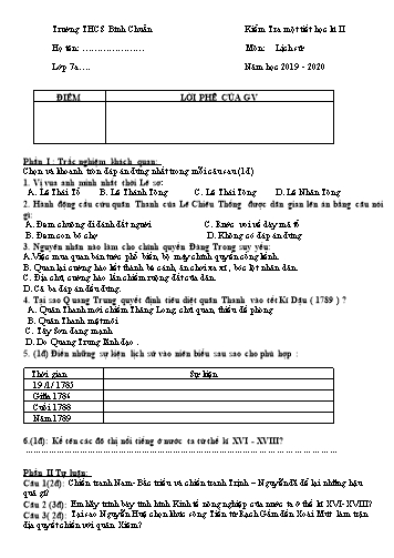 Đề kiểm tra 1 tiết học kì II môn Lịch sử Lớp 7 - Trường THCS Bình Chuẩn - Năm học 2019-2020 (Có đáp án)
