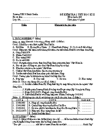 Đề kiểm tra 1 tiết học kì II môn Lịch sử Lớp 8 - Trường THCS Bình Chuẩn (Có đáp án)