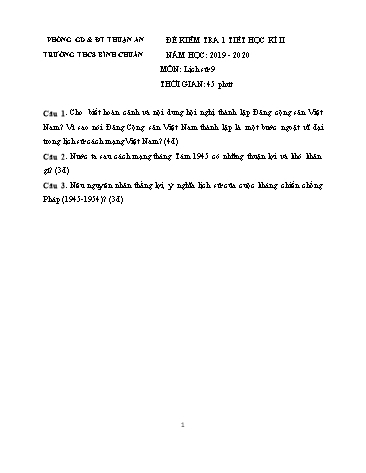 Đề kiểm tra 1 tiết học kì II môn Lịch sử Lớp 9 - Trường THCS Bình Chuẩn - Năm học 2019-2020 (Có đáp án)