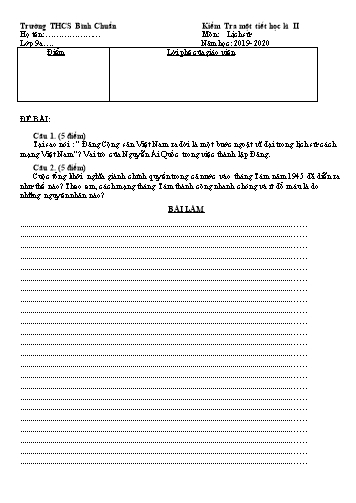 Đề kiểm tra 1 tiết học kì II môn Lịch sử Lớp 9 - Trường THCS Bình Chuẩn - Năm học 2019-2020 - Đề 2 (Có đáp án)